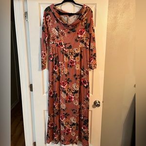 Mother Bee Maternity Cowl Neck and Over the Shoulder Maternity Dress